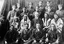 Elders with Amerindian soldiers in Canadian Expeditionary Force uniforms, ca. 1916, photographer unknown