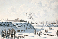 Winter fishing on the ice of the Assiniboine and Red Rivers, 1821