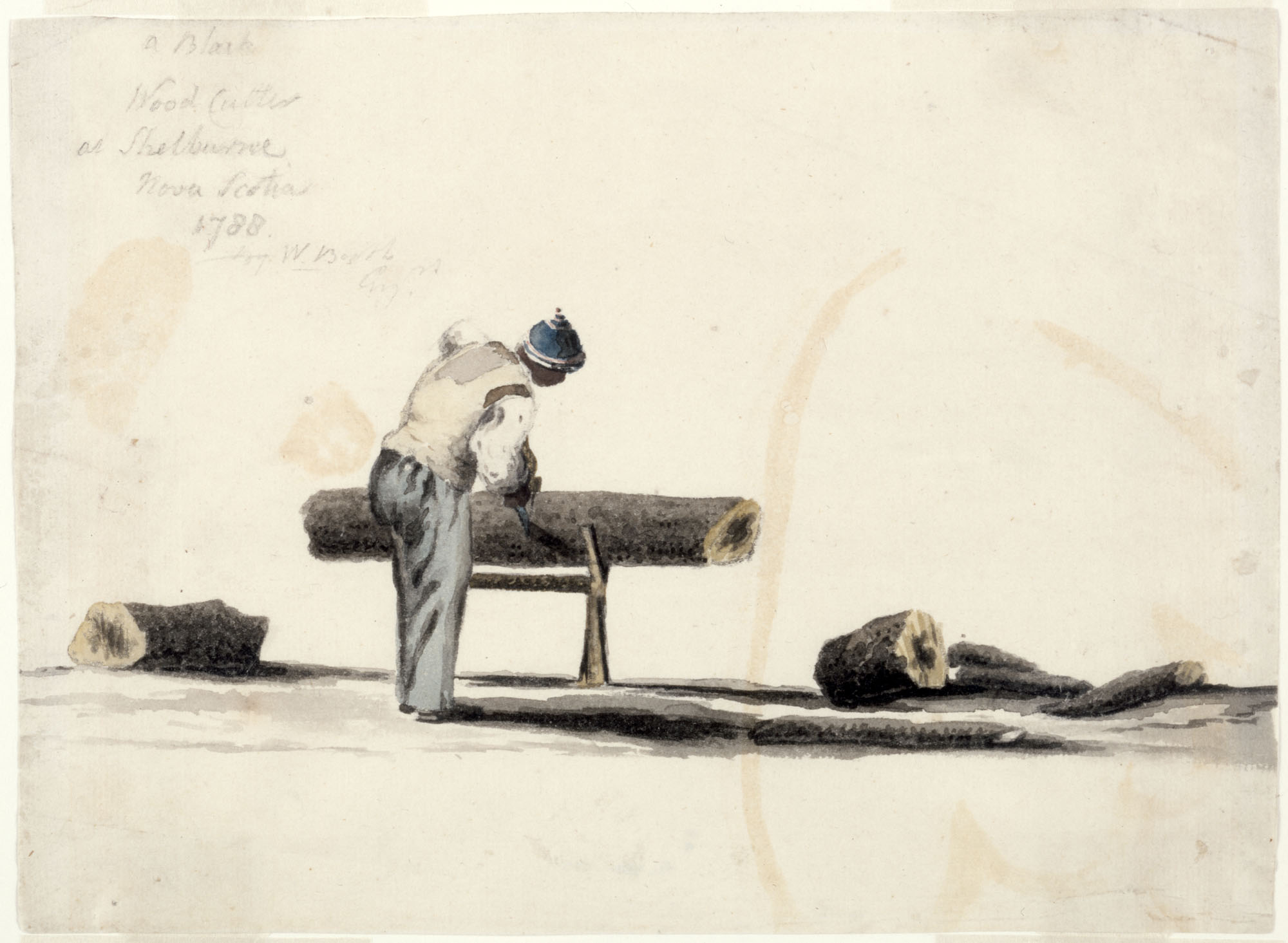 Aquarelle représentant un homme vu de dos. Il est en train de scier une grosse bûche qui repose horizontalement sur un simple tréteau de bois. L’homme porte le bonnet bleu et blanc de la liberté.