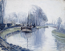 A boat travelling down a canal, the trees have regrown, and green grass covers the bank.