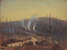 Brown and dark hillside covered with broken trees.  Smoke is rising from three fires in the middle of the painting.