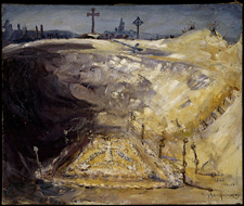 Painting of a memorial featuring crosses and a message in stones built at the bottom of a mine crater.  Colour palate is dark with browns and sandy tones.