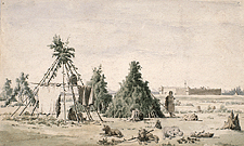 Cree or Assiniboine lodges in front of Rocky Mountain Fort, Alberta, 1848