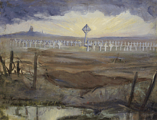 Rows of white crosses in a field surrounded by mud and barbed wires with the sun in the background.