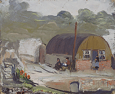 View of the artist's home. during her stay in France.  It is a round temporary dwelling, a few people are depicted milling about