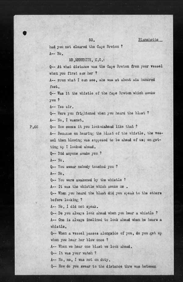 Wrecks, Casualties and Salvage - Formal Investigations - Collision Between S.S. CAPE BRETON and S.S. CANADA