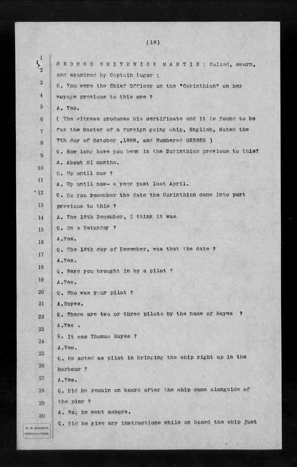 Wrecks, Casualties and Salvage - Formal Investigations - S.S. CORINTHIAN