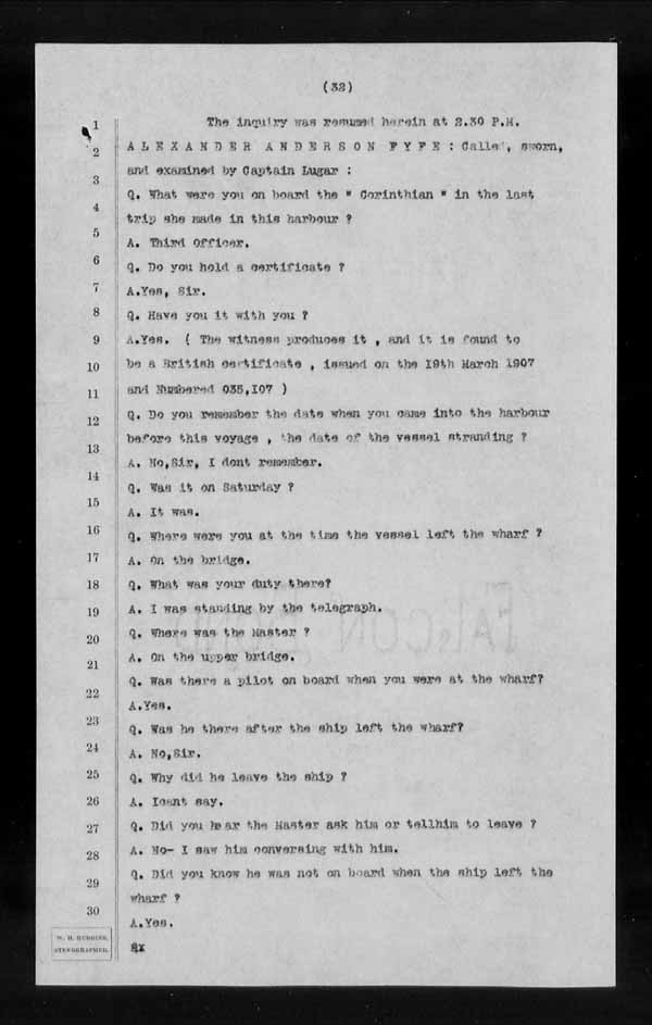 Wrecks, Casualties and Salvage - Formal Investigations - S.S. CORINTHIAN
