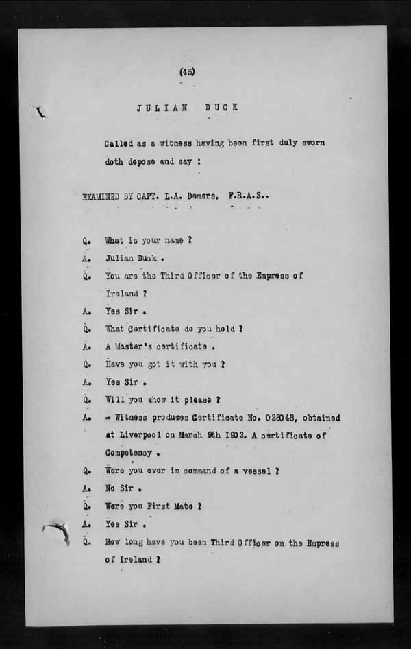Wrecks, Casualties and Salvage - Formal Investigations - S.S. EMPRESS of IRELAND