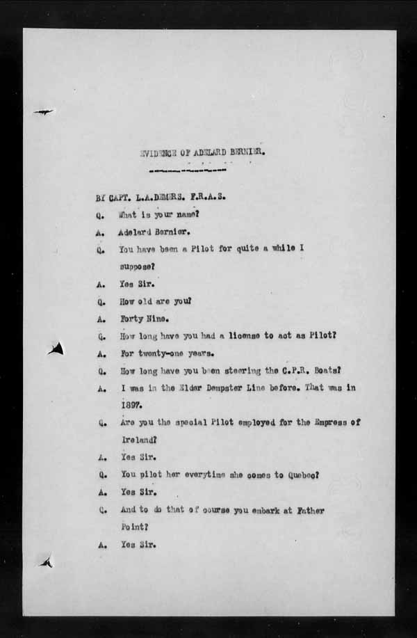 Wrecks, Casualties and Salvage - Formal Investigations - S.S. EMPRESS of IRELAND