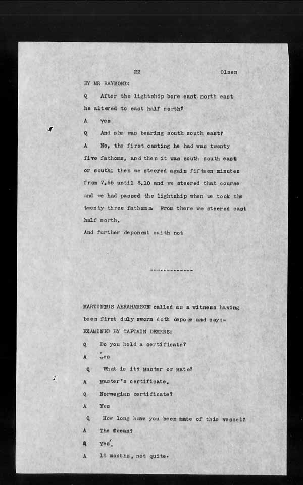 Wrecks, Casualties and Salvage - Formal Investigations - S.S. OCEAN