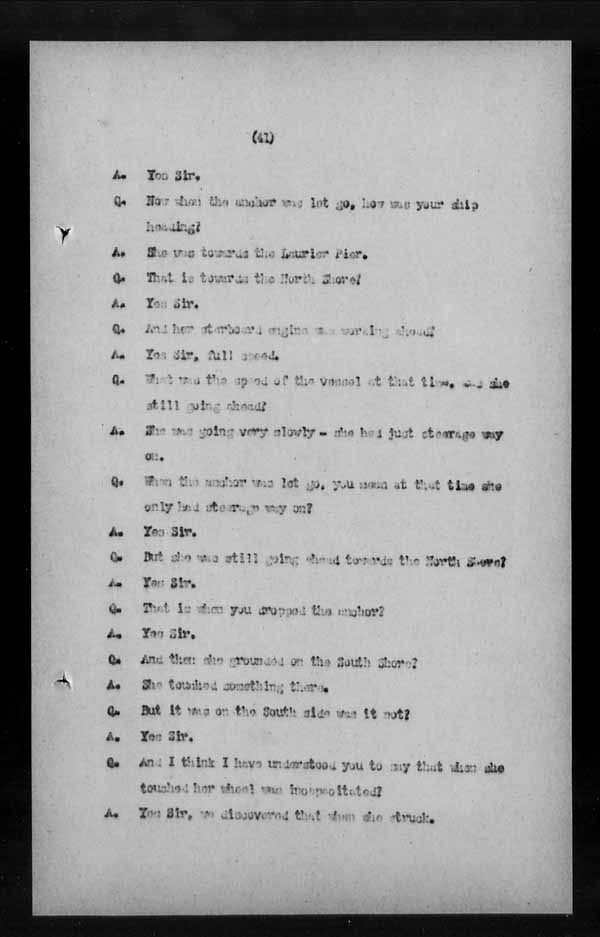Wrecks, Casualties and Salvage - Formal Investigations - S.S. LAKE CHAMPLAIN (C.P.R. steamship)