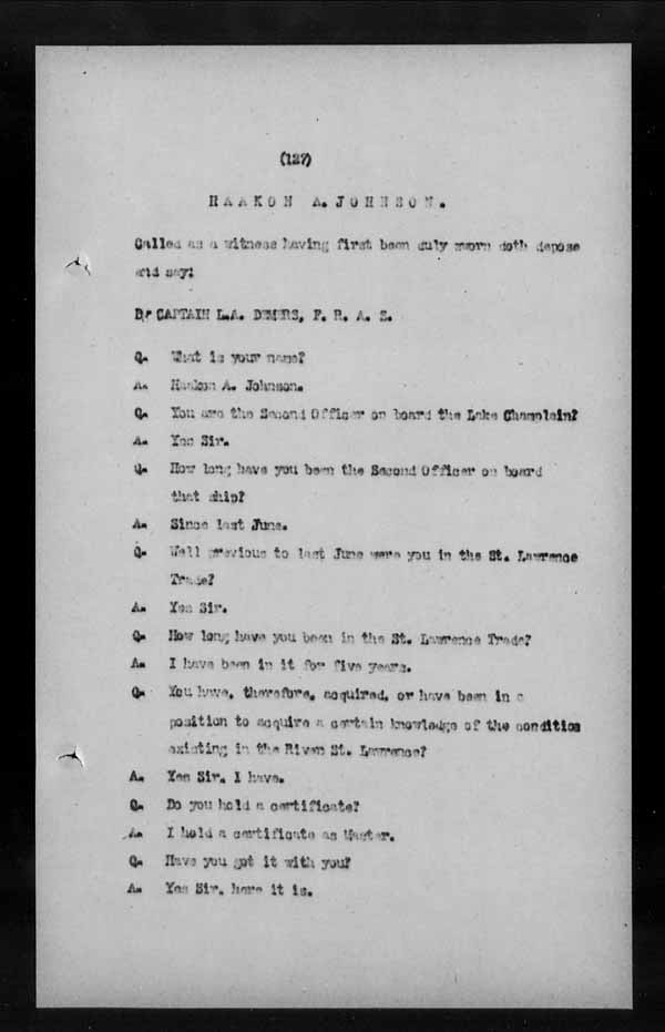 Wrecks, Casualties and Salvage - Formal Investigations - S.S. LAKE CHAMPLAIN (C.P.R. steamship)