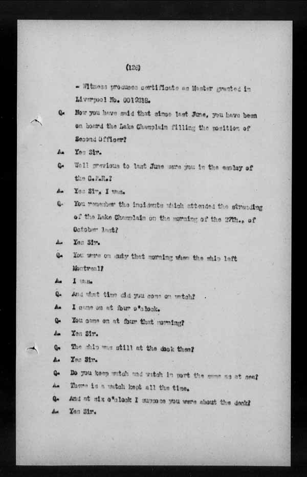 Wrecks, Casualties and Salvage - Formal Investigations - S.S. LAKE CHAMPLAIN (C.P.R. steamship)