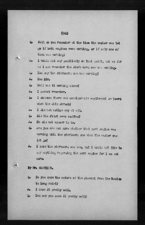 Wrecks, Casualties and Salvage - Formal Investigations - S.S. LAKE CHAMPLAIN (C.P.R. steamship)