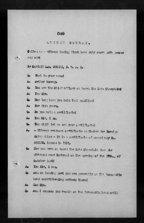 Wrecks, Casualties and Salvage - Formal Investigations - S.S. LAKE CHAMPLAIN (C.P.R. steamship)