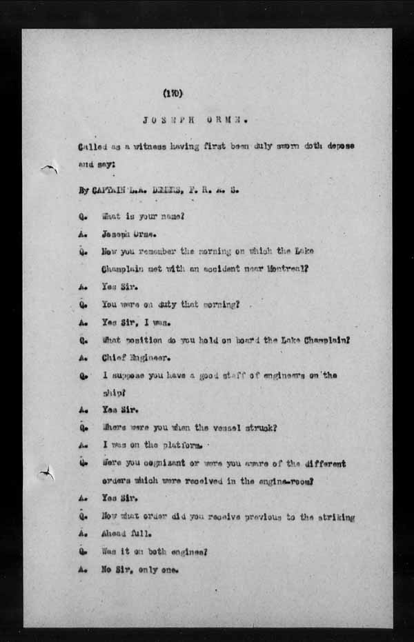 Wrecks, Casualties and Salvage - Formal Investigations - S.S. LAKE CHAMPLAIN (C.P.R. steamship)