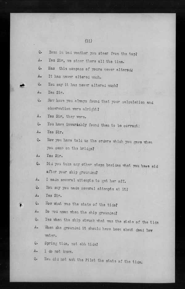 Wrecks, Casualties and Salvage - Formal Investigations - S.S. MANCHESTER SPINNER