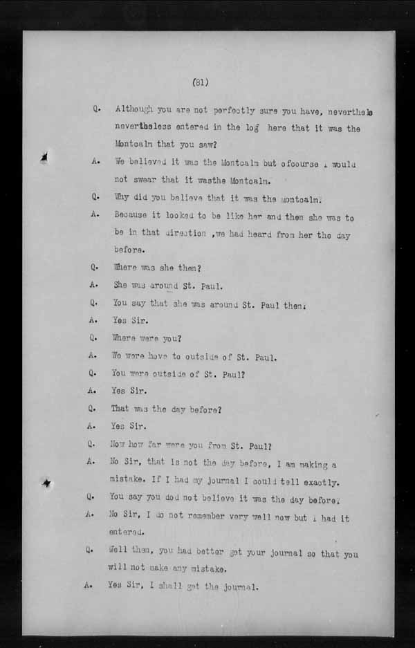 Wrecks, Casualties and Salvage - Formal Investigations - C.G.S. MONTCALM Complaint vs C.G.S. MONTGOMERY [MONTMAGNY]