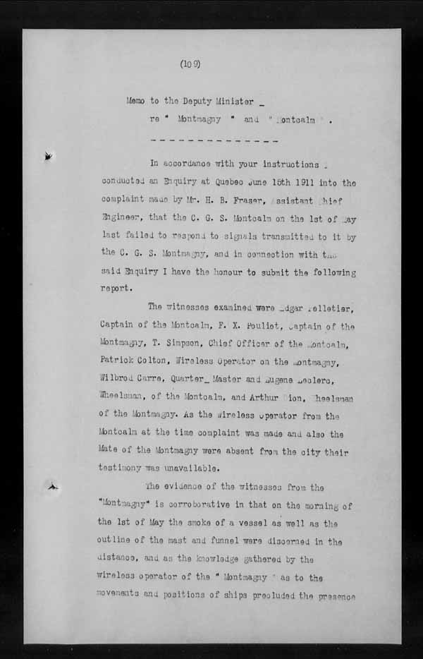 Wrecks, Casualties and Salvage - Formal Investigations - C.G.S. MONTCALM Complaint vs C.G.S. MONTGOMERY [MONTMAGNY]
