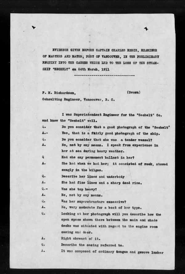 Wrecks, Casualties and Salvage - Formal Investigations - S.S. SECHELT