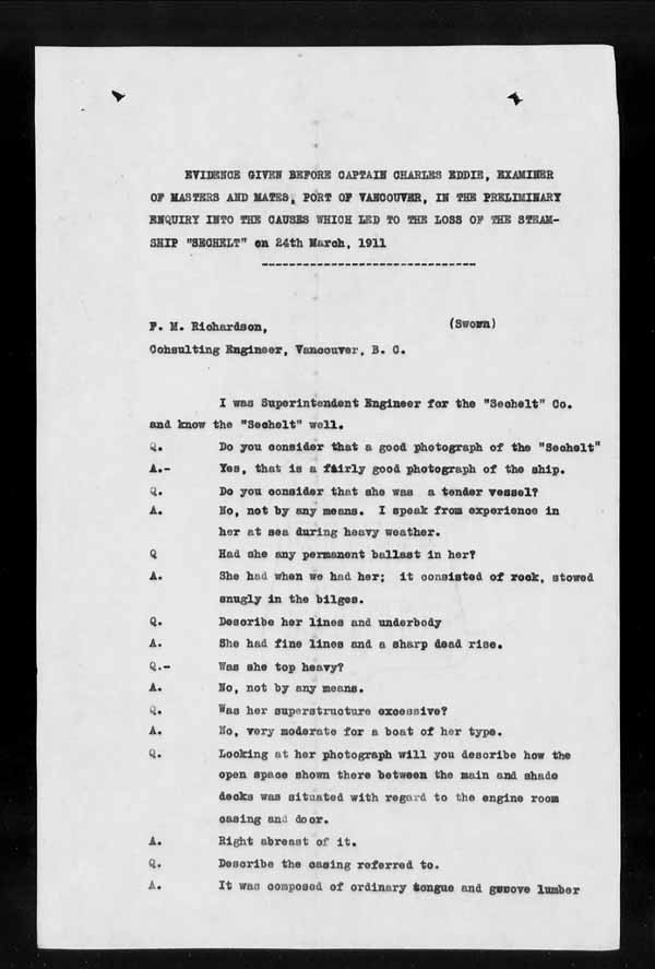 Wrecks, Casualties and Salvage - Formal Investigations - S.S. SECHELT