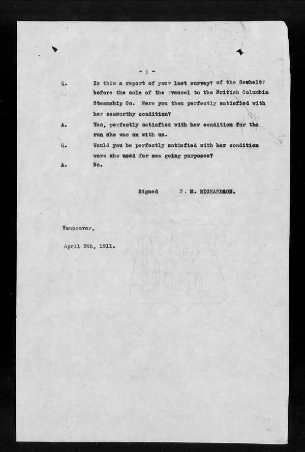 Wrecks, Casualties and Salvage - Formal Investigations - S.S. SECHELT