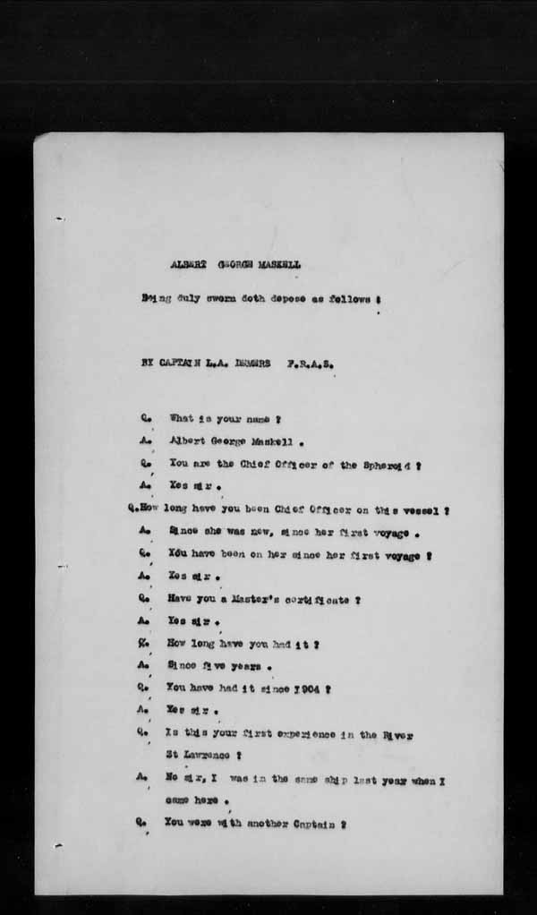 Wrecks, Casualties and Salvage - Formal Investigations - S.S. SPHEROID