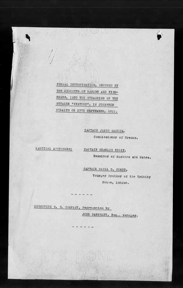 Wrecks, Casualties and Salvage - Formal Investigations - S.S. VENTURE