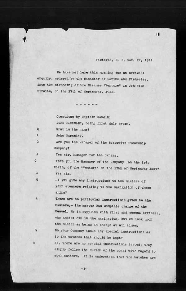 Wrecks, Casualties and Salvage - Formal Investigations - S.S. VENTURE
