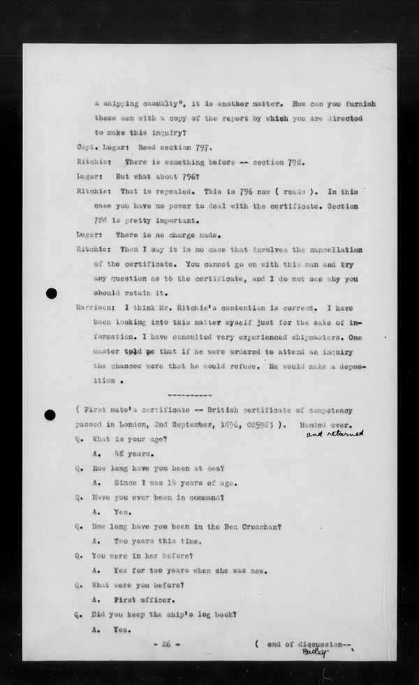 Wrecks, Casualties and Salvage - Formal Investigations - S.S. BEN CRUACHAN