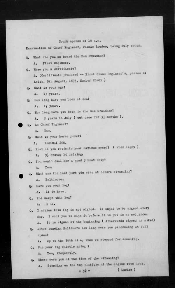 Wrecks, Casualties and Salvage - Formal Investigations - S.S. BEN CRUACHAN