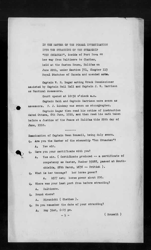 Wrecks, Casualties and Salvage - Formal Investigations - S.S. BEN CRUACHAN