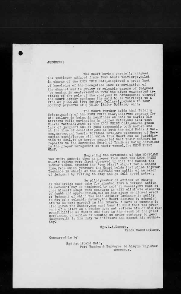 Wrecks, Casualties and Salvage - Formal Investigations - Collision Between S.S. MONTCALM and S.S. PRINZ OLAF [KRONPRINZ OLAF]