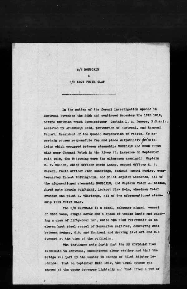 Wrecks, Casualties and Salvage - Formal Investigations - Collision Between S.S. MONTCALM and S.S. PRINZ OLAF [KRONPRINZ OLAF]