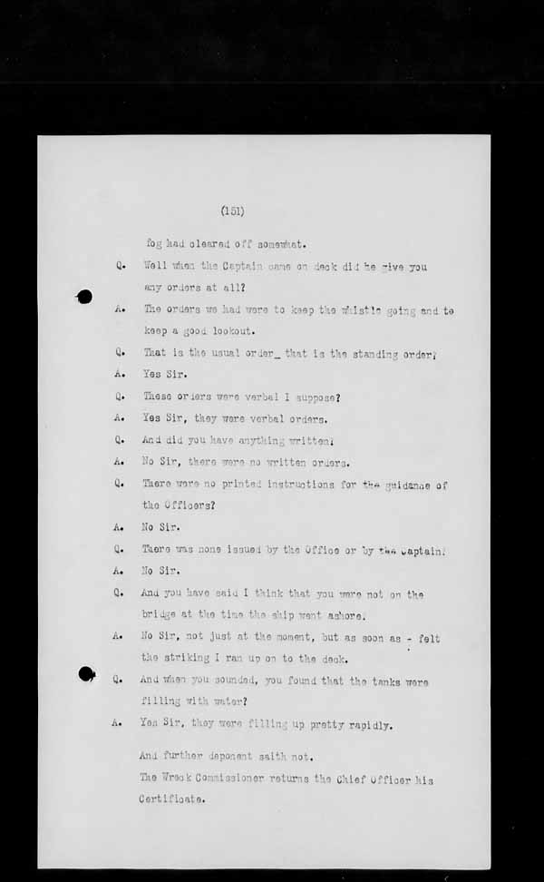 Wrecks, Casualties and Salvage - Formal Investigations - S.S. BEN EARN