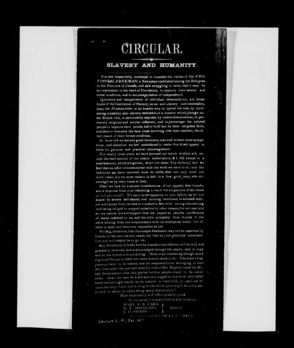 Circular: Slavery and Humanity, February 1857