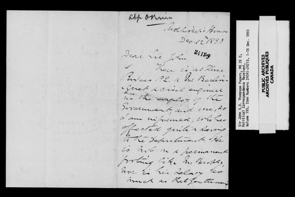 Titre : Fonds sir John Thompson - Lettres reues - N d'enregistrement Mikan : 129822 - Microforme : c-10535