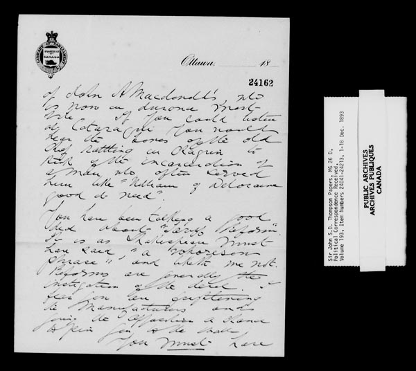 Titre : Fonds sir John Thompson - Lettres reues - N d'enregistrement Mikan : 129822 - Microforme : c-10535
