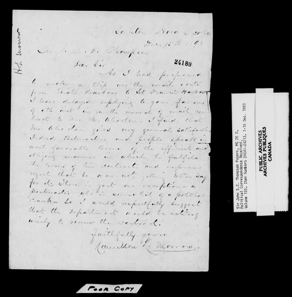 Title: Sir John Thompson fonds - Letters Received - Mikan Number: 123656 - Microform: c-10535
