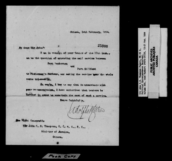 Title: Sir John Thompson fonds - Letters Received - Mikan Number: 123656 - Microform: c-10536