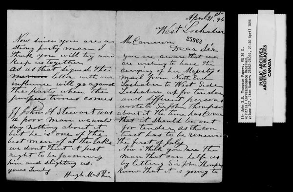 Titre : Fonds sir John Thompson - Lettres reues - N d'enregistrement Mikan : 129822 - Microforme : c-10537