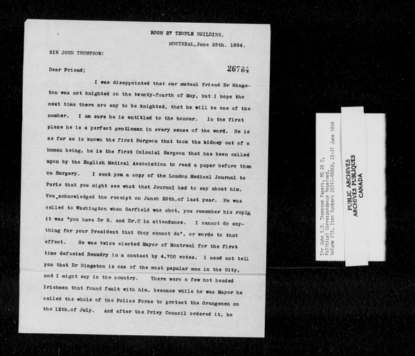 Title: Sir John Thompson fonds - Letters Received - Mikan Number: 123656 - Microform: c-10538