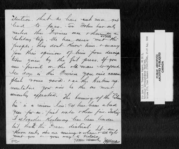 Titre : Fonds sir John Thompson - Lettres reues - N d'enregistrement Mikan : 129822 - Microforme : c-10539