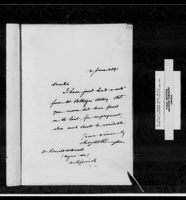 Titre : Fonds sir John Thompson - Copies de lettres - N d'enregistrement Mikan : 129823 - Microforme : c-10697