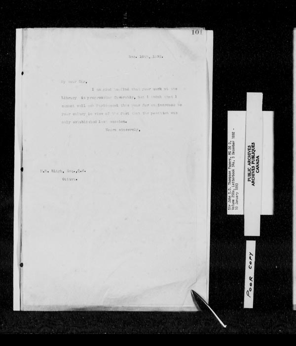 Titre : Fonds sir John Thompson - Copies de lettres - N d'enregistrement Mikan : 129823 - Microforme : c-10700