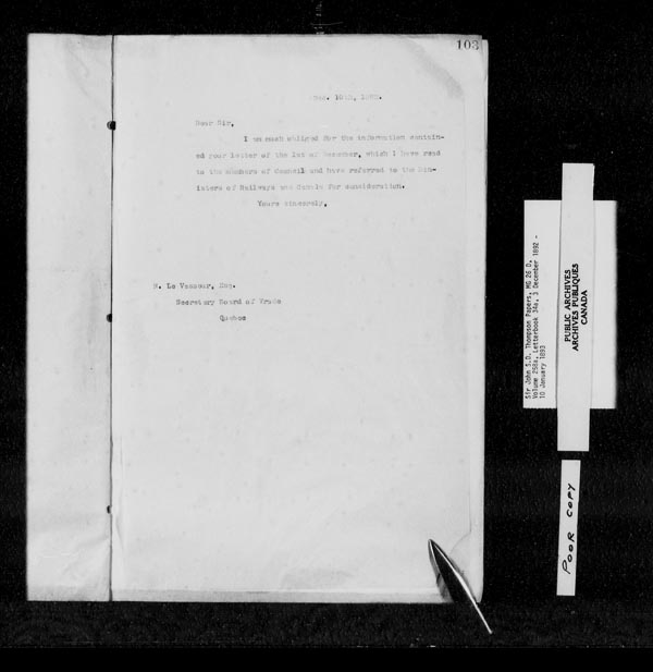 Titre : Fonds sir John Thompson - Copies de lettres - N d'enregistrement Mikan : 129823 - Microforme : c-10700