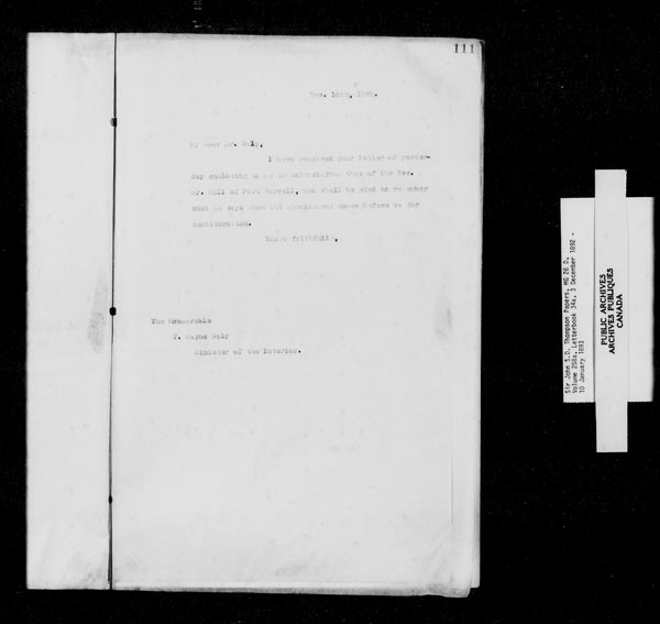 Titre : Fonds sir John Thompson - Copies de lettres - N d'enregistrement Mikan : 129823 - Microforme : c-10701