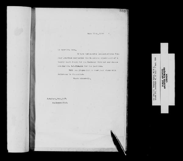 Titre : Fonds sir John Thompson - Copies de lettres - N d'enregistrement Mikan : 129823 - Microforme : c-10704