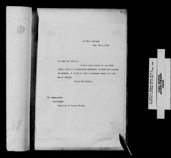 Titre : Fonds sir John Thompson - Copies de lettres - N d'enregistrement Mikan : 129823 - Microforme : c-10705